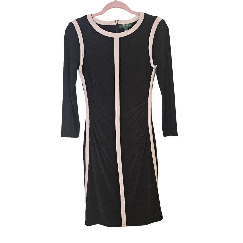 Lauren by Ralph Lauren  black with cream accent midi dress with cinched sides. S